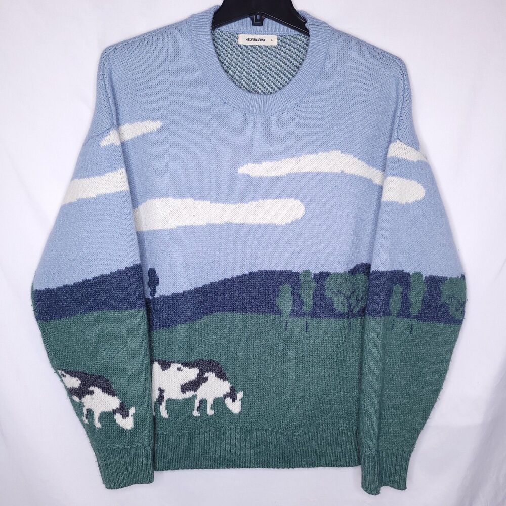 Aelfric Eden Sweater Mens Large Pasture Cow Crewneck
